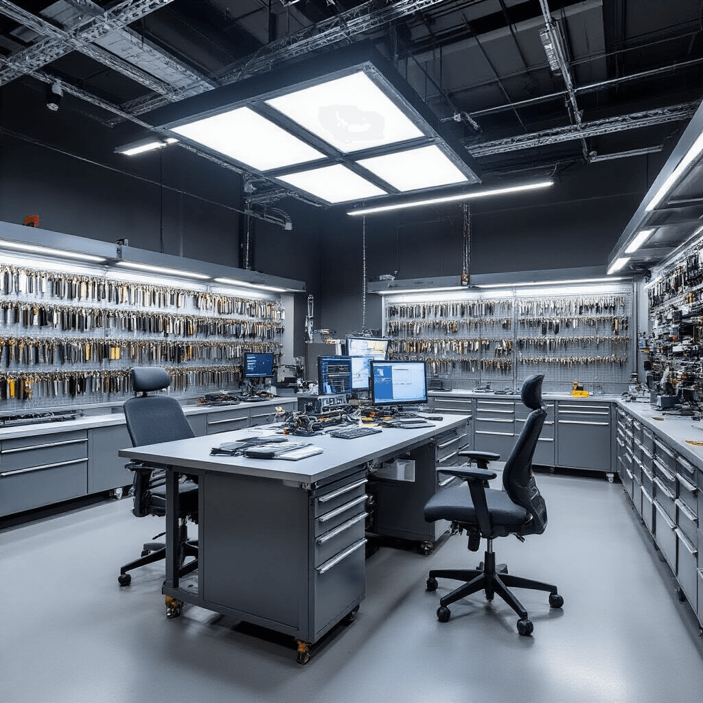 Wat te Doen Als Je Autosleutel Kwijt Bent: Een Praktische Gids Moderne autosleutelwerkplaats met verlichte werkbank, geavanceerde apparatuur, hoge ramen en industriële inrichting in grijstinten en geborsteld metaal.