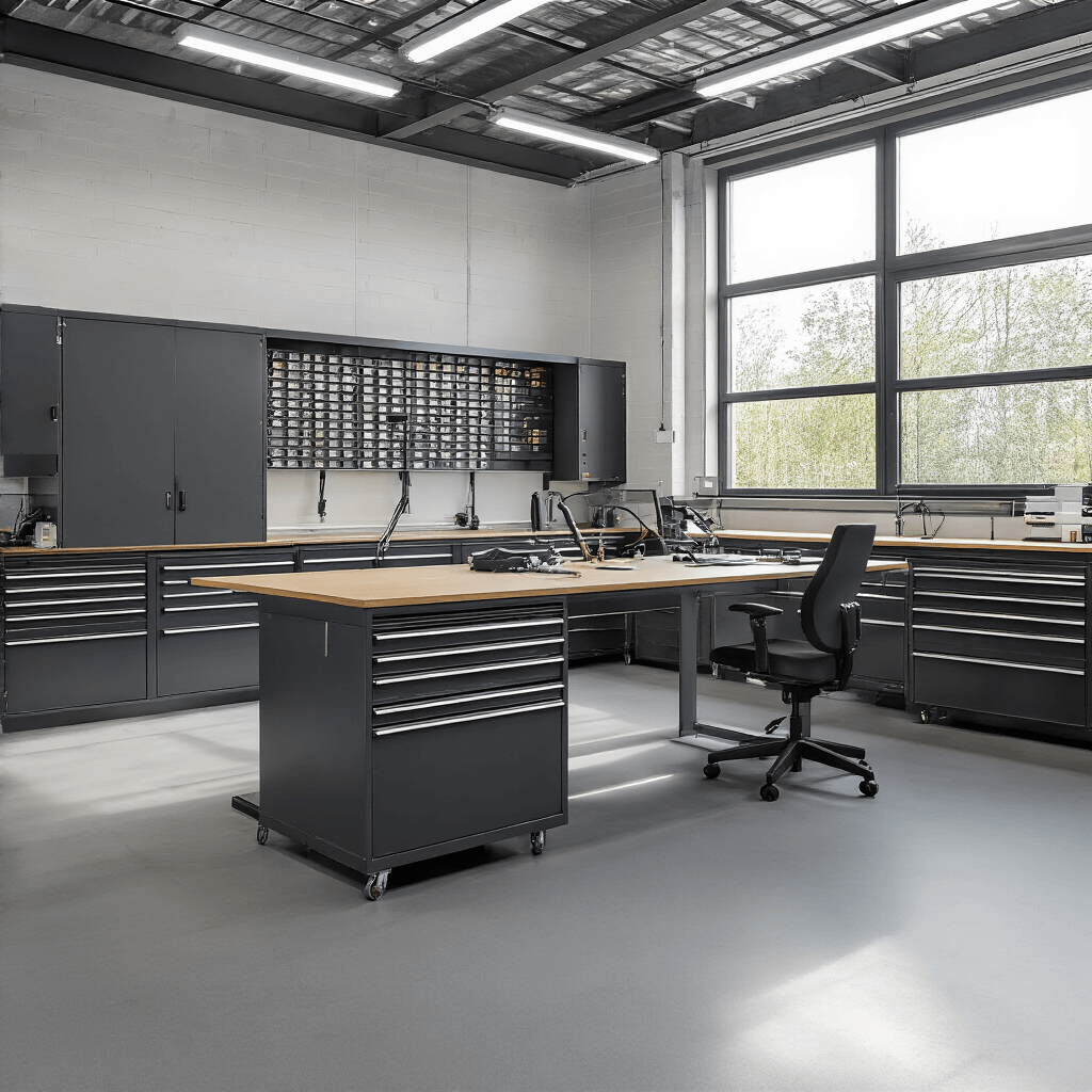 Sleutels Bijmaken in Den Haag: Jouw Complete Gids voor Betrouwbare Sleutelservice Moderne sleutelservicewerkplaats met industriële uitstraling, een L-vormige RVS werkbank, programmatuur voor autotransponders, gesorteerde sleutelprofielen in wandkasten, digitale diagnoseapparatuur en een high-tech sfeer.