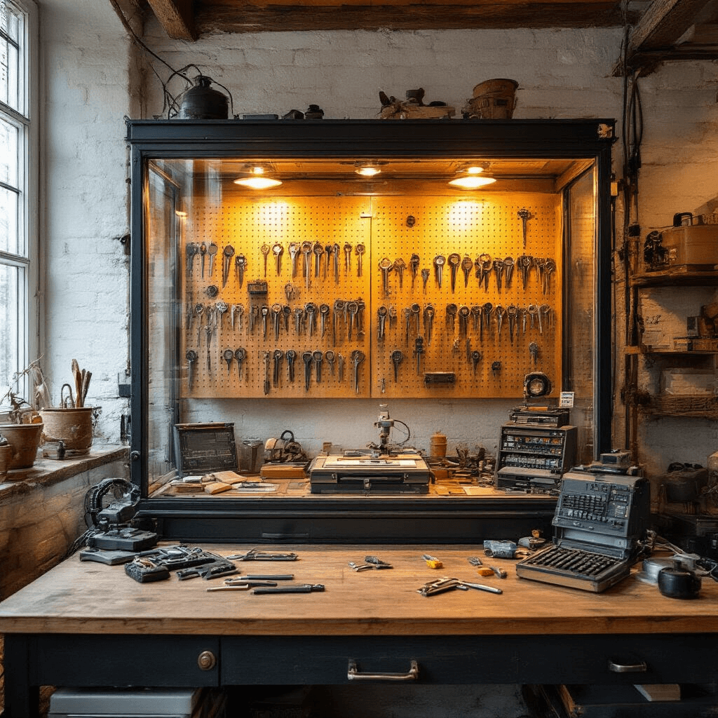 Sleutels Bijmaken in Den Haag: Jouw Complete Gids voor Betrouwbare Sleutelservice Intieme sleutelmakerswerkplaats met houten werkbank, moderne sleutelfreesmachine en elektronische codeercomputer, verlicht door warme halogeenspots.