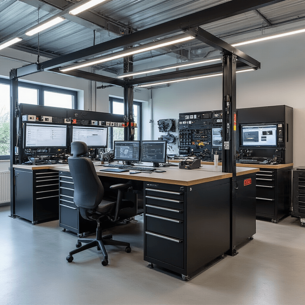 Autosleutel: Alles Wat Je Moet Weten Over Sleutels, Vervanging en Service Moderne autosleutelwerkplaats met L-vormige hightech werkbank en diagnoseapparaten, wandkasten vol sleutelrasters en transponderchips, digitale displays en industriële hanglampen. Georganiseerde ruimte in koelblauw, titaniumgrijs en zwart, met grote glazen pui die natuurlijk licht binnenlaat.