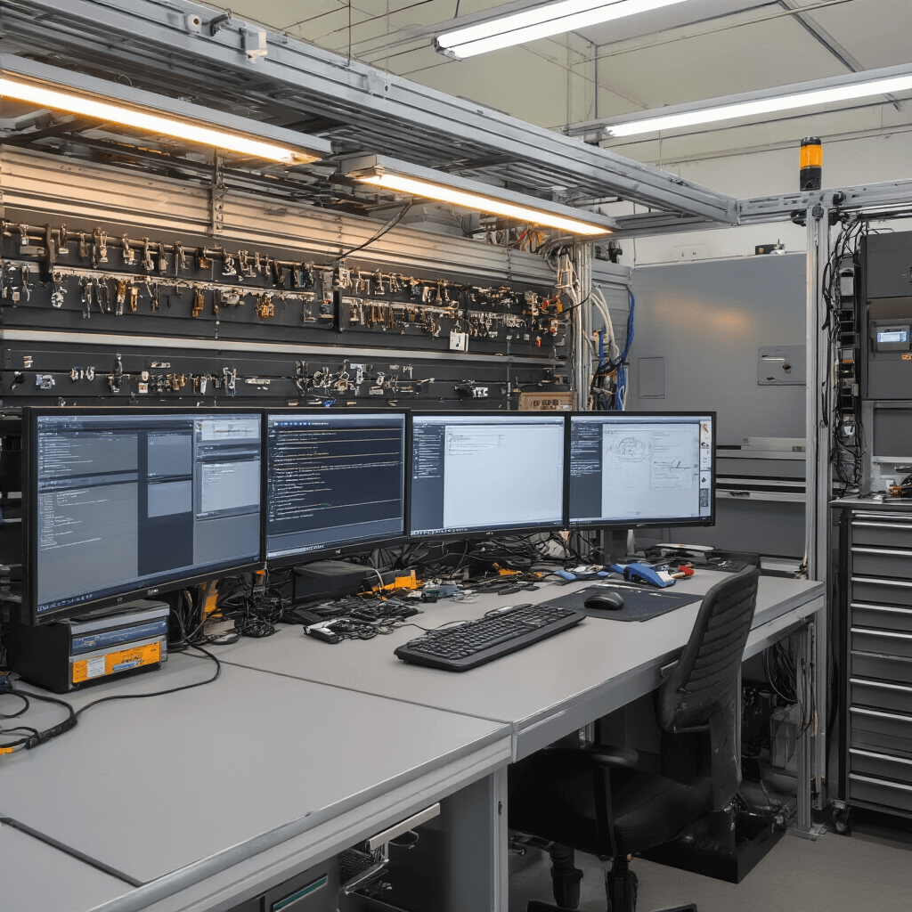 Autosleutel: Alles Wat Je Moet Weten Over Sleutels, Vervanging en Service Intieme sleutelprogrammeerruimte met modern werkstation, gebogen monitoren en gesorteerde autosleutels. Warm LED-licht, technische handleidingen aan de muur en industrieel kabelmanagement.