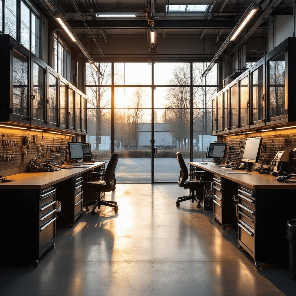 Moderne autosleutelwerkplaats met een L-vormige RVS werkbank, diagnostische apparatuur en glazen vitrinekasten met blanco sleutels, verlicht door warm ochtendzonlicht.