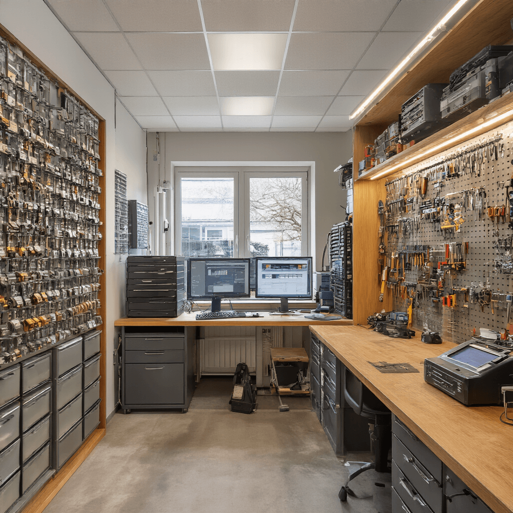 Een intieme sleutelservice ruimte van 4x5 meter met verhoogd plafond, gevuld met middaglicht dat door matglas ramen filtert. Een dominant werkstation met een groot digitaal display voor autosleutel programmeersoftware, omringd door een vintage houten gereedschapskast en ultramoderne diagnoseapparatuur. Muurvullende technische documentatie en merkspecifieke handleidingen, met sleutelchips en elektronische componenten geordend in transparante laden. Warme LED spots verlichten de schaduwvrije werkplek, in een kleurenpalet van warmgrijs, koper en diepzwart, gefotografeerd vanuit een hoek van 45 graden voor dieptewerking.