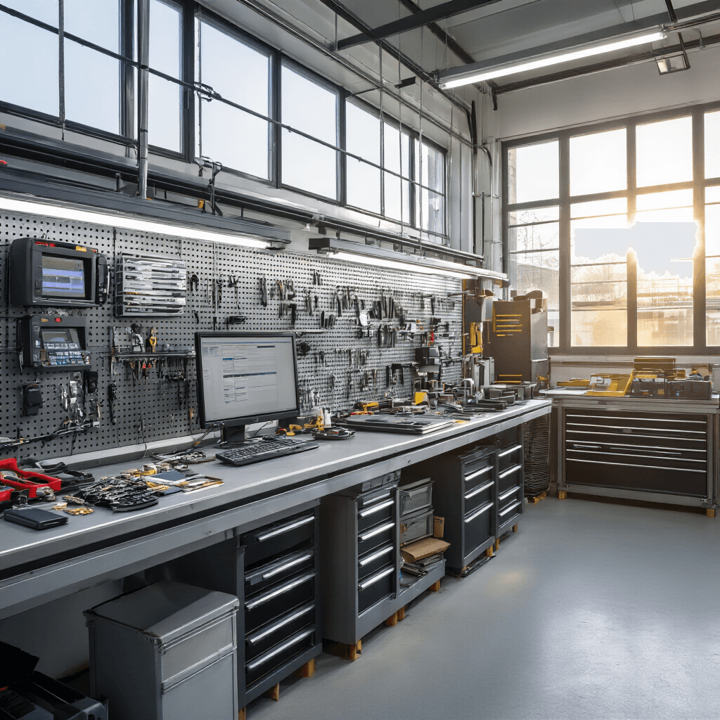 Moderne sleutelservice werkplaats met L-vormige RVS werkbank, digitale apparatuur en autosleutels uitgestald, verlicht door ochtendzon en helderwitte LED-strips.