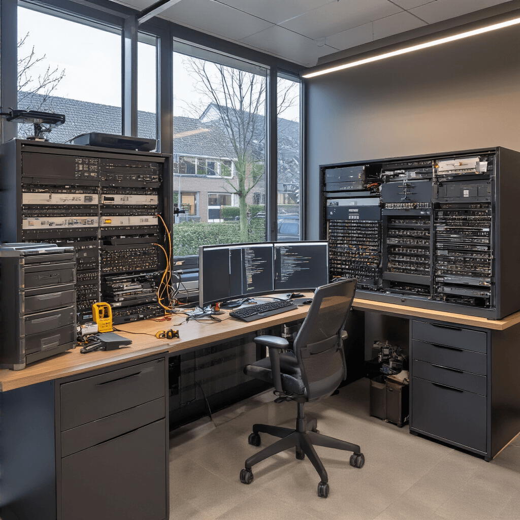 Intieme sleutelprogrammeerruimte met ergonomische werkplek, drie computermonitoren, diagnoseapparatuur, wandrekken met sleutelbehuizingen, warm indirect LED-licht en sfeervolle namiddagbelichting.