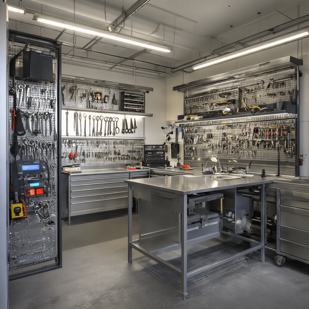 Hoe vervang je de batterij van je autosleutel: Een stap-voor-stap handleiding Moderne sleutelservicewerkplaats met L-vormige RVS werkbank en LED-verlichting, omgeven door gladde sleutelprofielen en diagnostische apparatuur. Op de werkbank ligt een opengewerkte autosleutel met CR2032 batterij tussen precisie-gereedschap. Kleurenpalet van koele grijstinten en technisch blauw, verlicht door ochtendlicht en gerichte LED-spots.