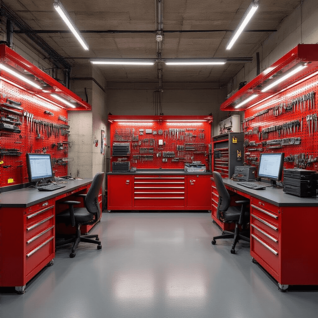 Hoe vervang je de batterij van je autosleutel: Een stap-voor-stap handleiding Interieur van een gespecialiseerde autosleutelwerkplaats met industriële uitstraling, drie werkstations met programmeercomputers en diagnoseapparatuur, een wandvullende gereedschapskast in Ferrari-rood, en een verlichte vitrine met autosleutels en transponders, gefocust op de technische details vanuit vloerniveau.