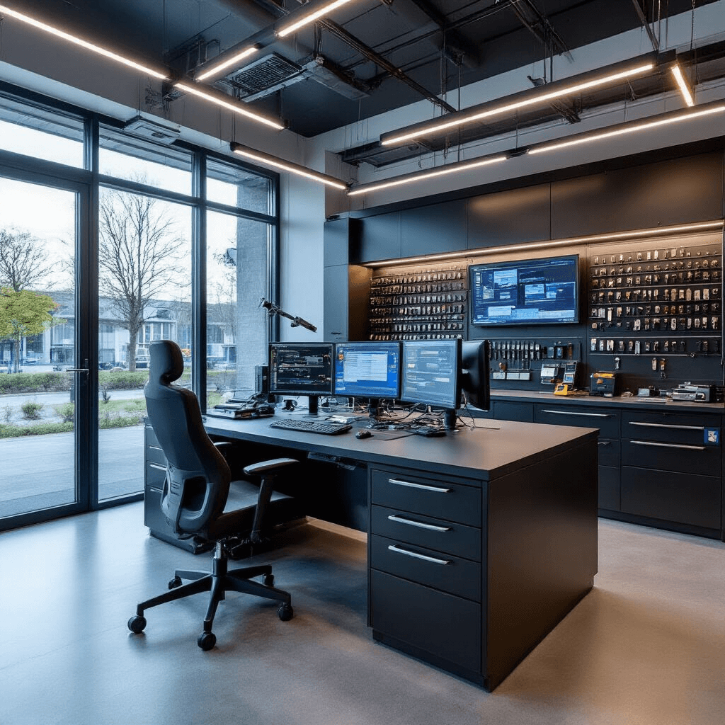 Wat te Doen als Je Autosleutels Kwijt Bent: Een Complete Gids Interieur van een high-tech autosleutelspecialist met glazen pui, ochtendlicht, L-vormig werkstation met zwart composiet blad, programmeermodules en diagnostische laptops, wandkasten met gesorteerde sleutelroughs, digitaal diagnosestation met touchscreen, vogelperspectief, kleurenpalet in antraciet, zilver en elektrisch blauw.