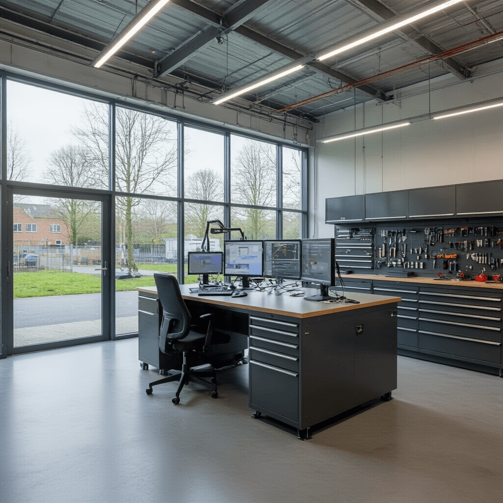 Autosleutel Kwijt? Hier Is Je Ultieme Reddingsplan Moderne autosleutelwerkplaats met L-vormige RVS werkbank en high-tech apparatuur, grote glazen pui en industriële sfeer, ingericht met antracietgrijze gereedschapskast en digitale displays.