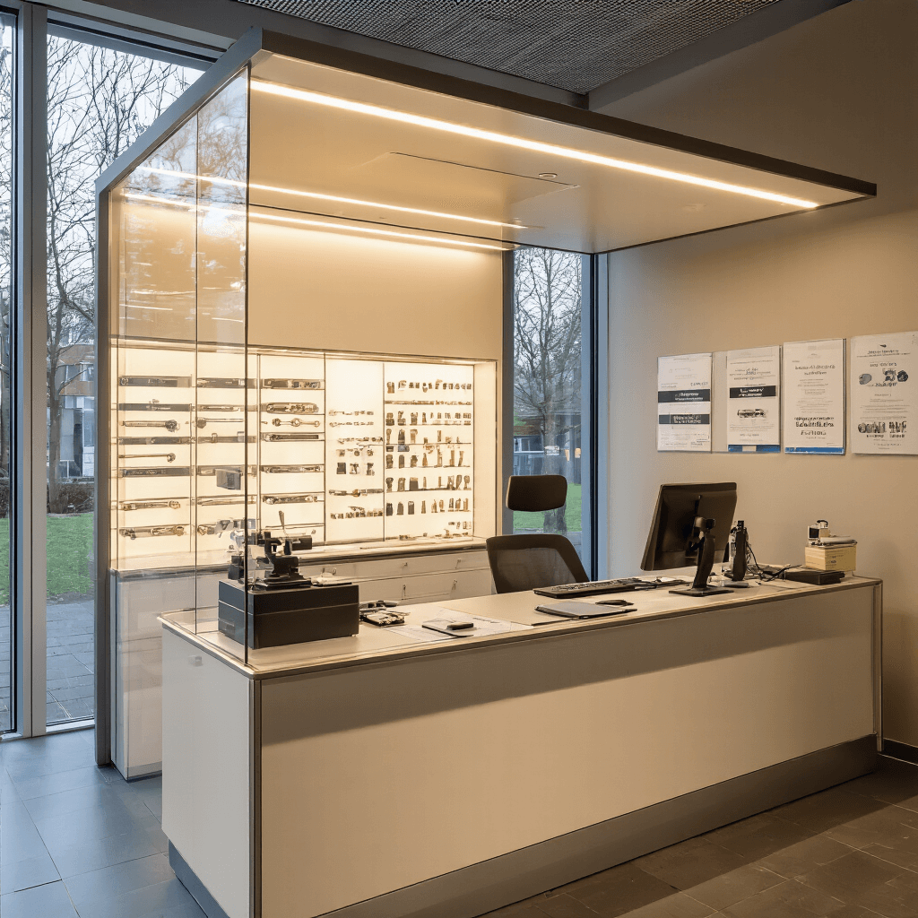 Autosleutel Kwijt? Hier Is Je Ultieme Reddingsplan Intieme sleutelservicebalie met moderne klantenservicebalie van matglas en donker composietmateriaal, gespecialiseerde werkhoek met microscoop, gestileerde displaykasten met sleutelvoorbeelden, subtiele spotverlichting en wanden vol certificaten, vastgelegd tijdens late middagzon.