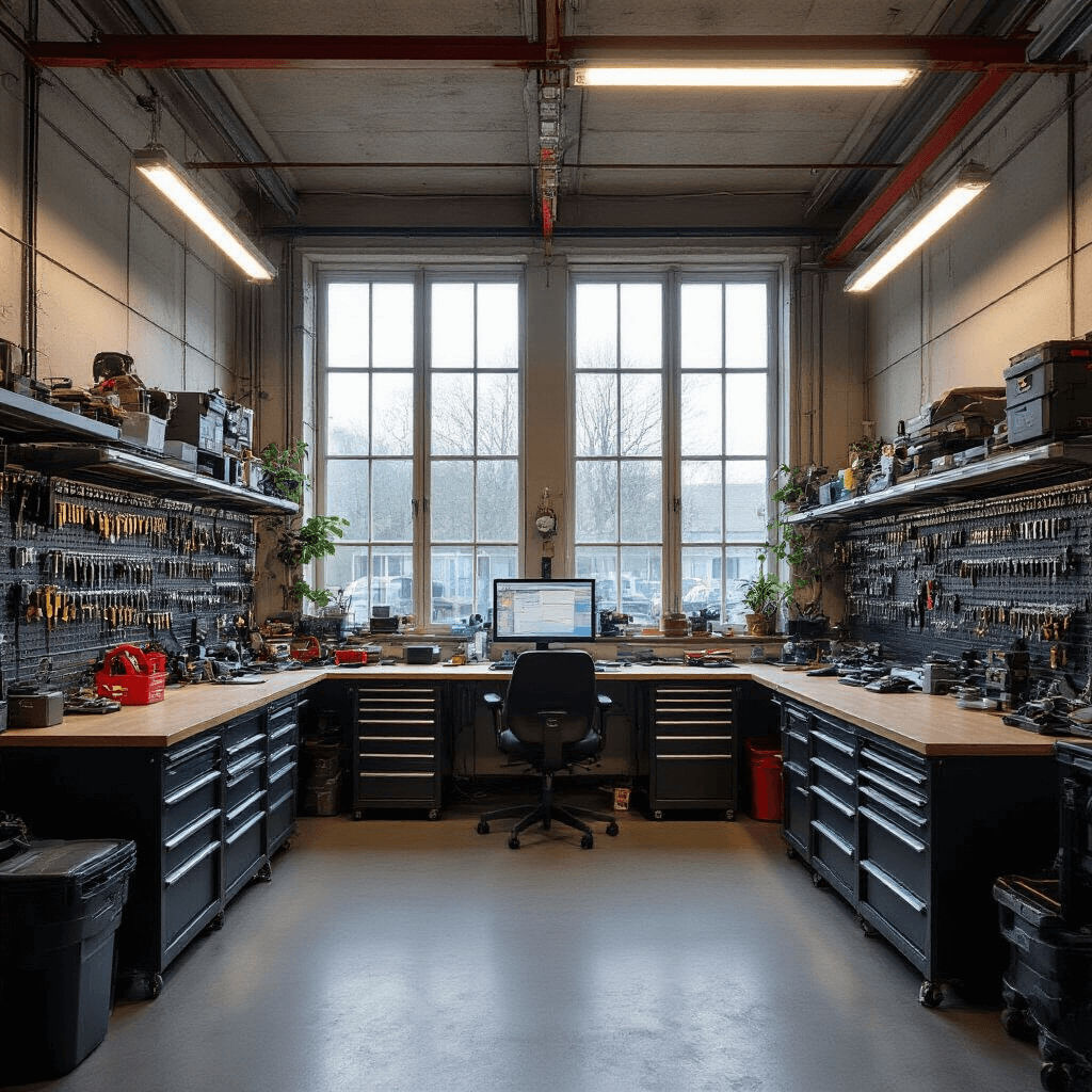 Binnenaanzicht van een moderne automotive werkplaats met LED-verlichting, hoge ramen, een programmeerwerkbank met diagnosetechnologie, metalen wandsysteem vol sleutelprofielen, en precisie-freesmachines, in antracietgrijs, blauw en metallic tinten. Close-up van een diagnosestation met een autosleutel en technische handleidingen.