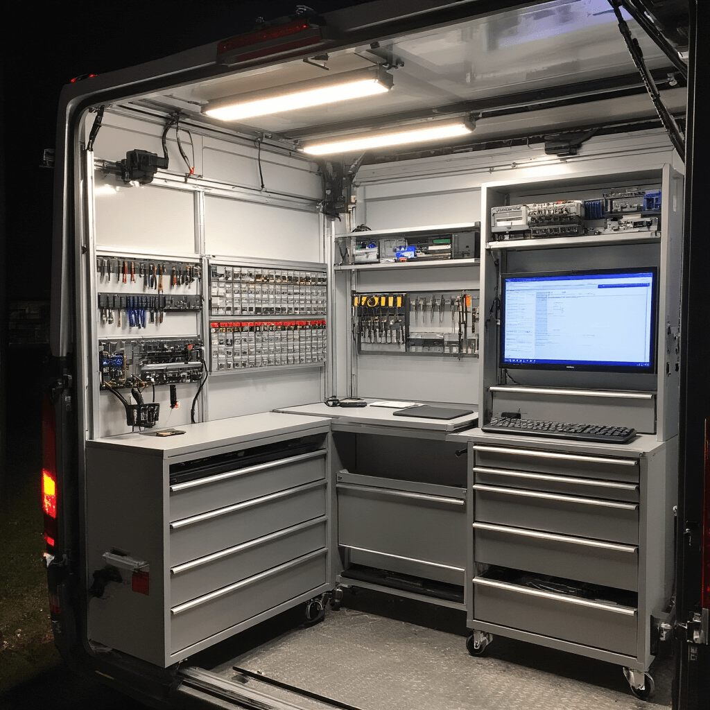 Compacte mobiele sleuteldienstunit met hightech werkstation, verlicht door warm LED-licht, ingericht met diagnosetools en georganiseerde sleutelmallen in een gespecialiseerde servicewagen.