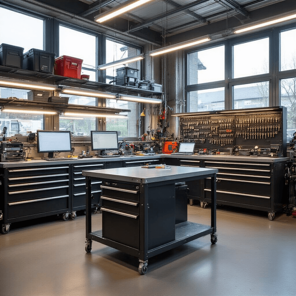 Sleutels Bijmaken in Rotterdam Zuid: Alles Wat Je Moet Weten Moderne sleutelservice werkplaats met L-vormige RVS werkbank, wandvullende gereedschapskast, programmeerstation, en ochtendzon die reflecteert op metalen oppervlakken.