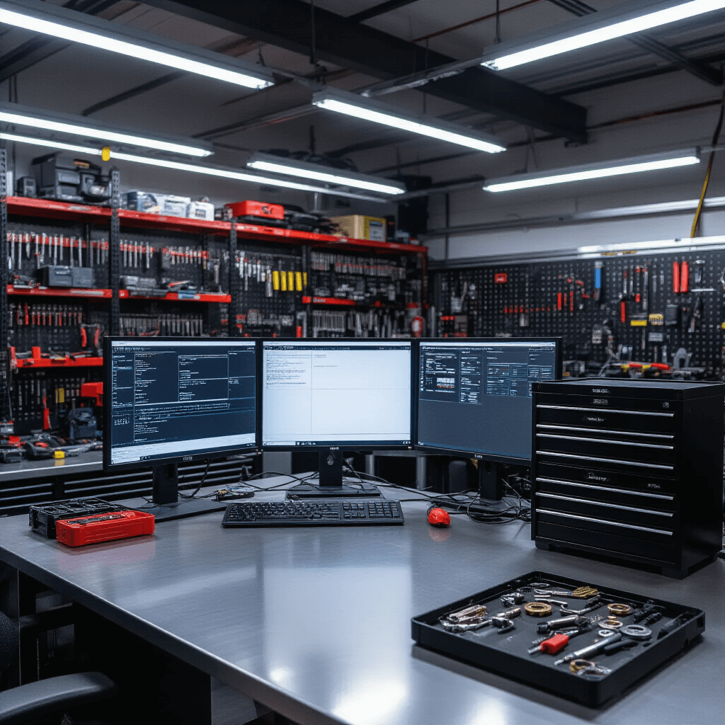 Sleutels Bijmaken in Rotterdam Zuid: Alles Wat Je Moet Weten Interieur van een geavanceerde autosleutelwerkplaats met digitale programmeerwerkplek, monitoren en diagnostische interfaces, vergrendelde vitrinekasten met gestanste autosleutels, een RVS werktafel met precisiegereedschap, en industriële verlichting in koele grijstinten en blauw.