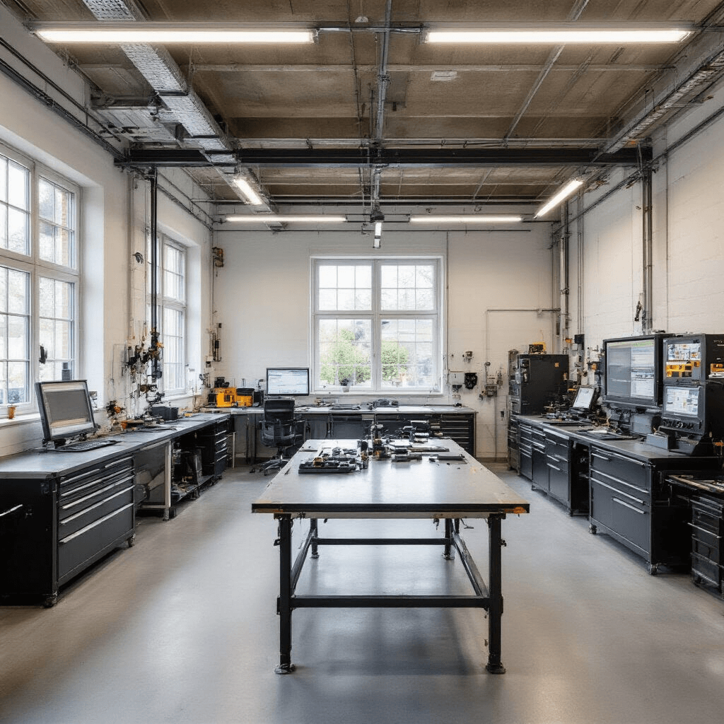 Autosleutel Bijmaken in Rotterdam: Snel, Professioneel en Betrouwbaar Moderne sleutelwerkplaats met L-vormige RVS werkbank, industriële betonvloer en witte muren, uitgerust met diagnostische apparatuur, sleutelfreesmachines en glazen vitrinekasten vol blanco sleutels, verlicht door warme hanglampen.
