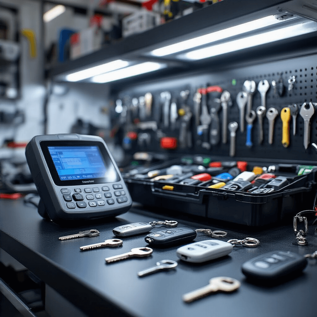 Autosleutel Bijmaken in Rotterdam: Snel, Professioneel en Betrouwbaar Close-up van een moderne sleutelprogrammeerstation met diagnoseapparaat en methodisch uitgestalde autosleutels op een zwart composiet werkblad, verlicht door LED-strips en omringd door georganiseerde programmeertools en kabels.