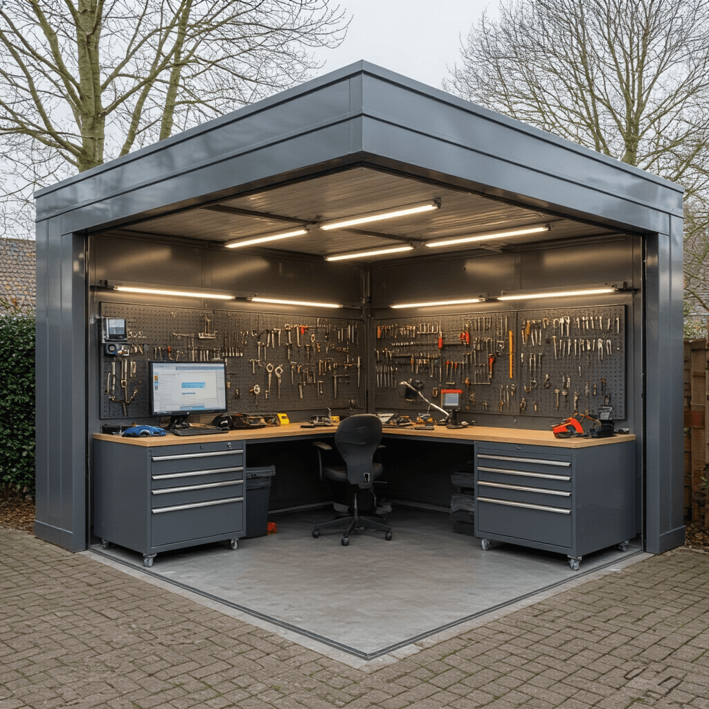 Moderne sleutelservice werkplaats met L-vormige RVS werkbank, diagnostische apparatuur en wandrek vol sleutelprofielen, verlicht door natuurlijk daglicht.