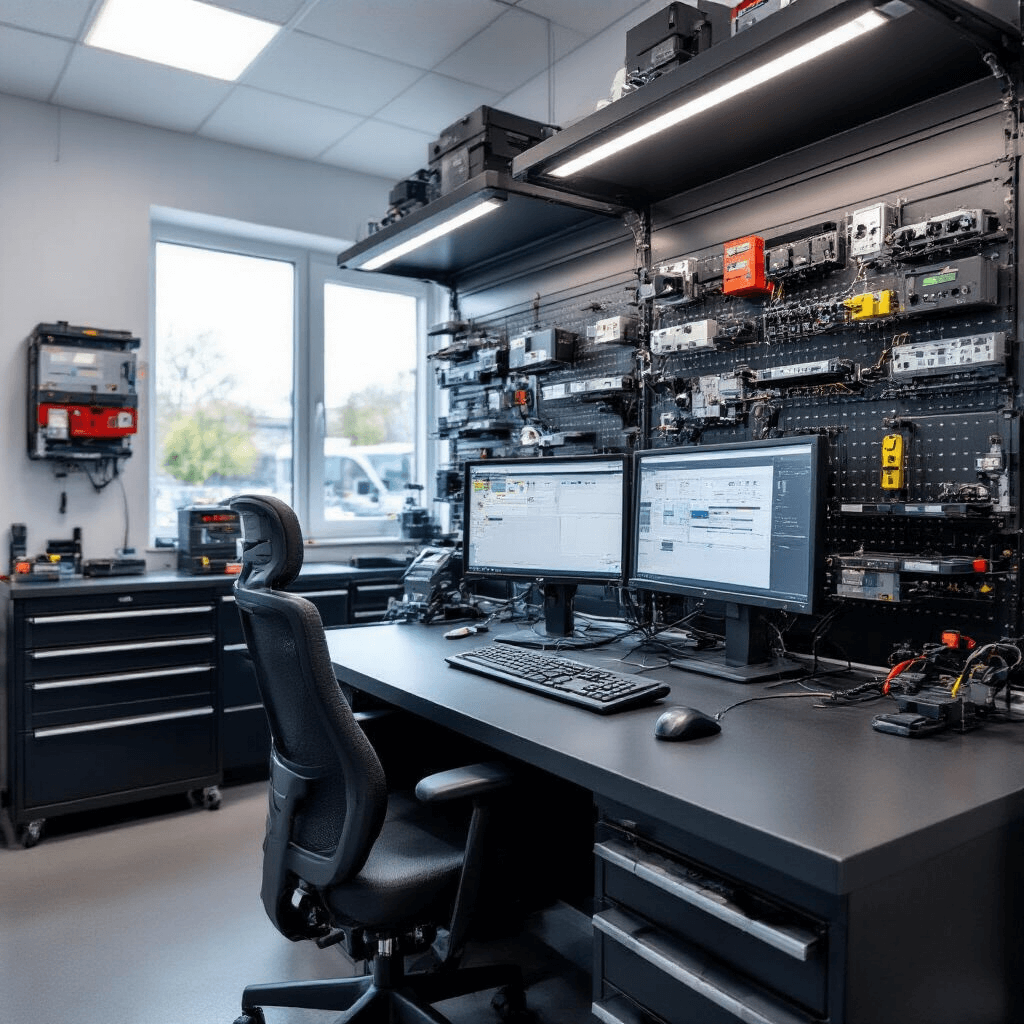 Intieme technische werkhoek in moderne sleutelservice met ergonomisch programmeerstation, geavanceerd diagnoseapparaat, en een digitaal georganiseerd wandsysteem, gefotografeerd vanuit bovenaanzicht.