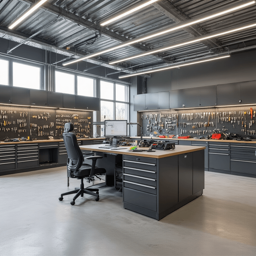 Moderne autosleutelwerkplaats met L-vormige RVS werkbank, diagnoseapparatuur, opengewerkte autosleutel en laptop, grote ramen met ochtendlicht, metalen sleutelkasten, professionele sleutelmachines en kleurgecodeerde sleutelblanco's.
