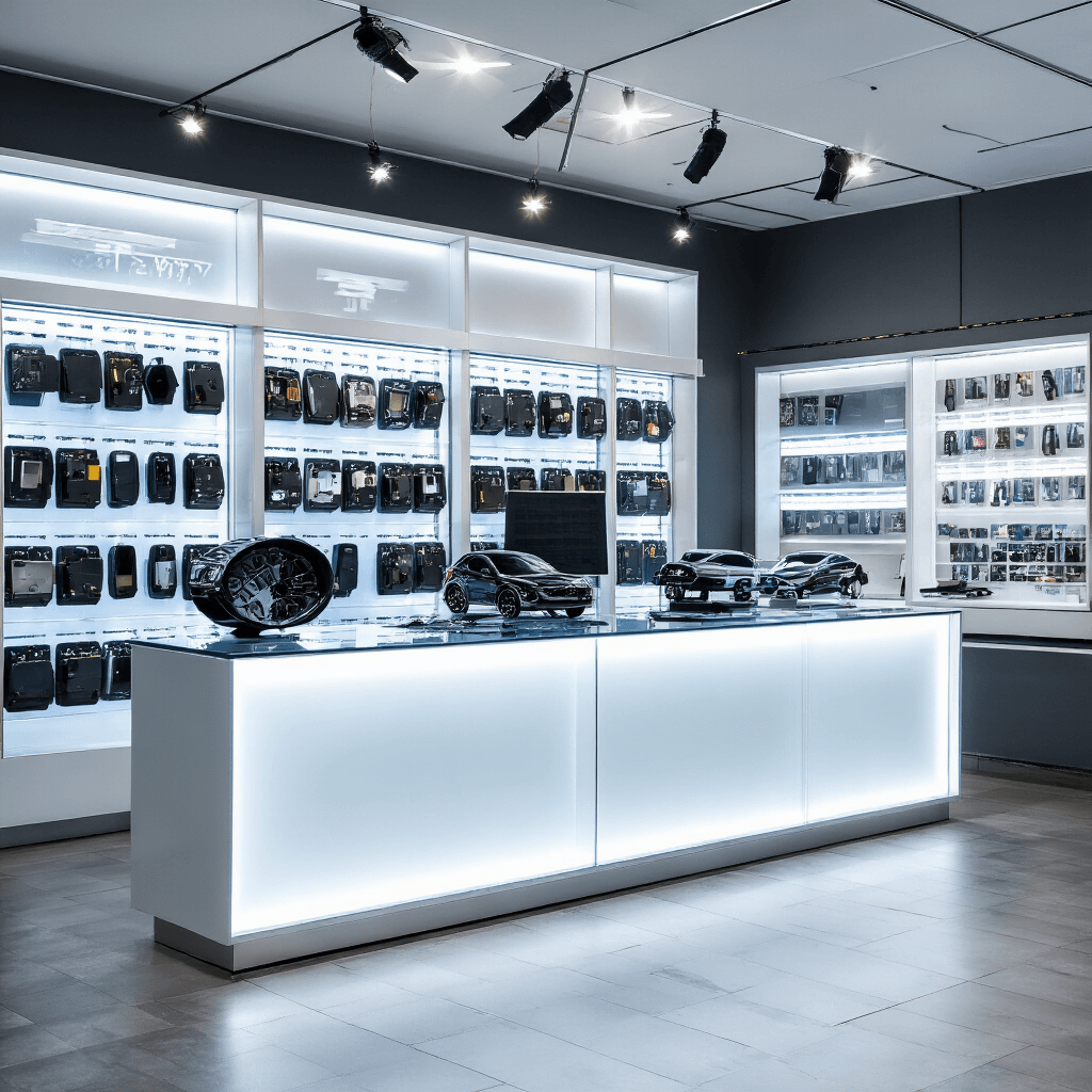 Intieme opname van een sleutelservicebalie met glazen toonbank en digitale schermen, verlichting door LED-spots, en een moderne autosleutel in assemblage omringd door precisiegereedschap.