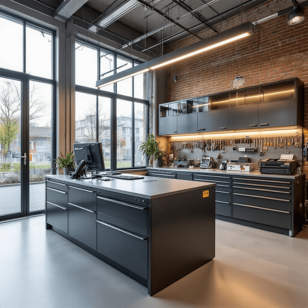 Interieur van een moderne sleutelservice werkplaats met L-vormige RVS werkbank, high-tech gereedschappen, en grote ramen die ochtendlicht binnenlaten. Wandrekken met chroomafwerking sleutels en glazen vitrinekasten met elektronische autosleutels. Koele kleurenpalet en industriële uitstraling.