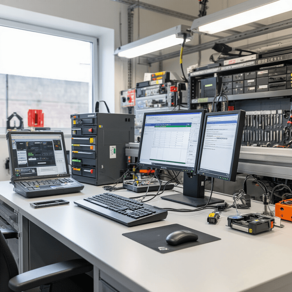 Close-up van een modern sleutelprogrammeerstation met computergestuurde tafel, omringd door tablets en laptops, in een lichte serviceruimte.