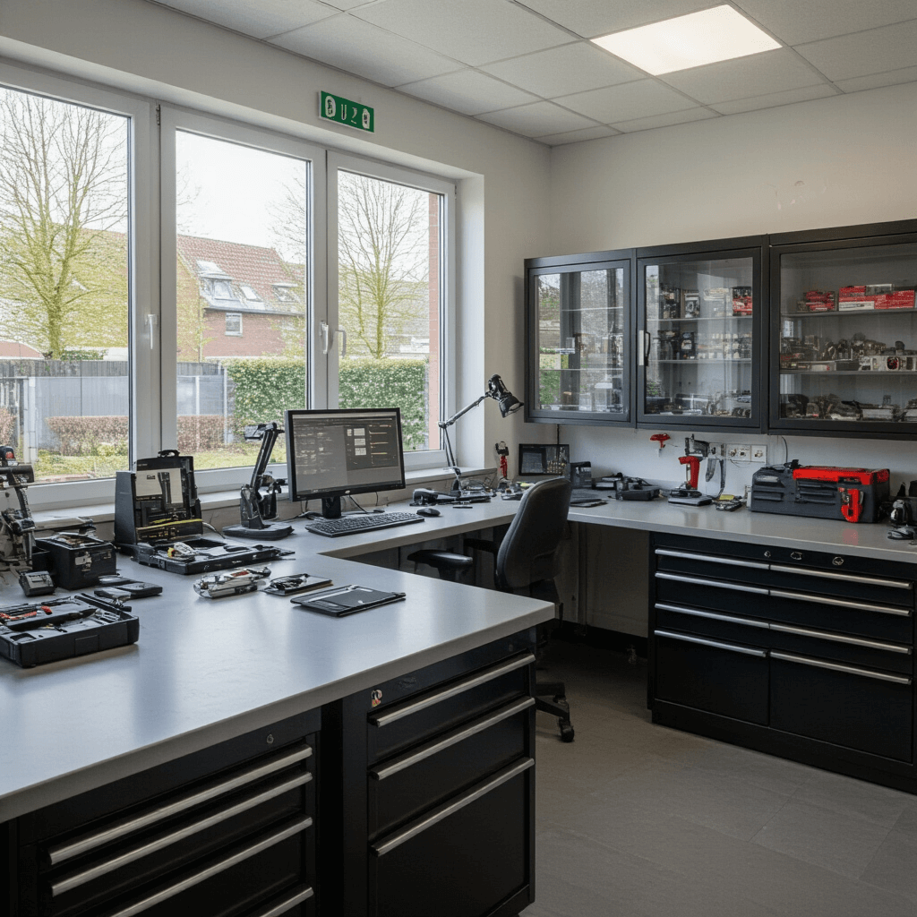 Moderne sleutelservicewerkplaats met L-vormige RVS werkbank, autosleutelprogrammeerapparaat, diagnostische computer, sleutelfreesmachines en vitrinekasten vol autosleutels, techhandleidingen en chipkaarten op zwart werkblad.