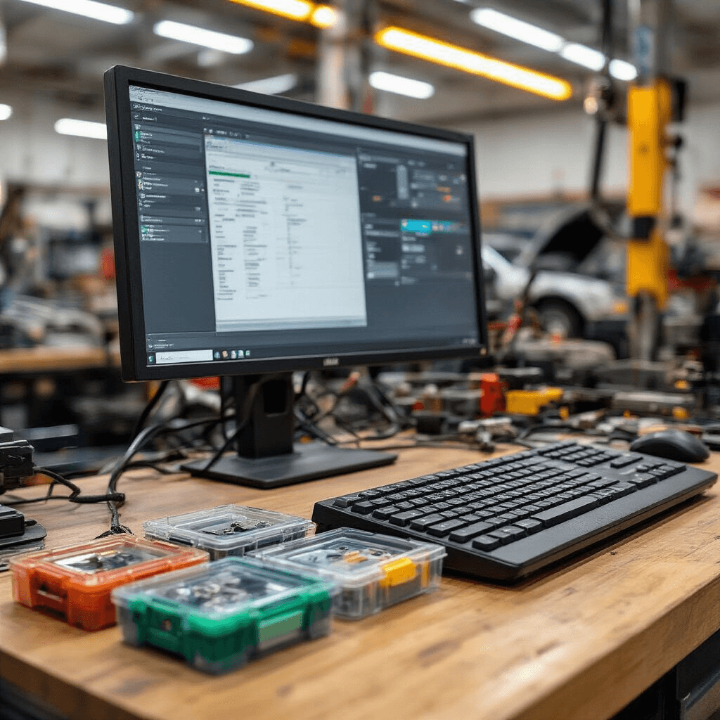 Close-up van een gespecialiseerde autosleutelwerkplek met een programmeerstation, diagnosescherm, transponderchips, sleutelbehuizingen en een sleutelfreesmachine op een houten werkblad, omringd door gereedschapskasten en technische wandschema's.