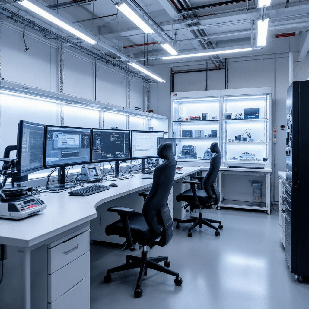 High-tech sleutelprogrammeerstation in moderne werkplaats met ergonomische werkplek, curved monitors, diagnostische apparatuur en digitale sleutelkopieermachine, omringd door glazen wanden en backlit wandkasten vol autosleutels, alles weergegeven vanuit een licht verhoogd bovenaanzicht.
