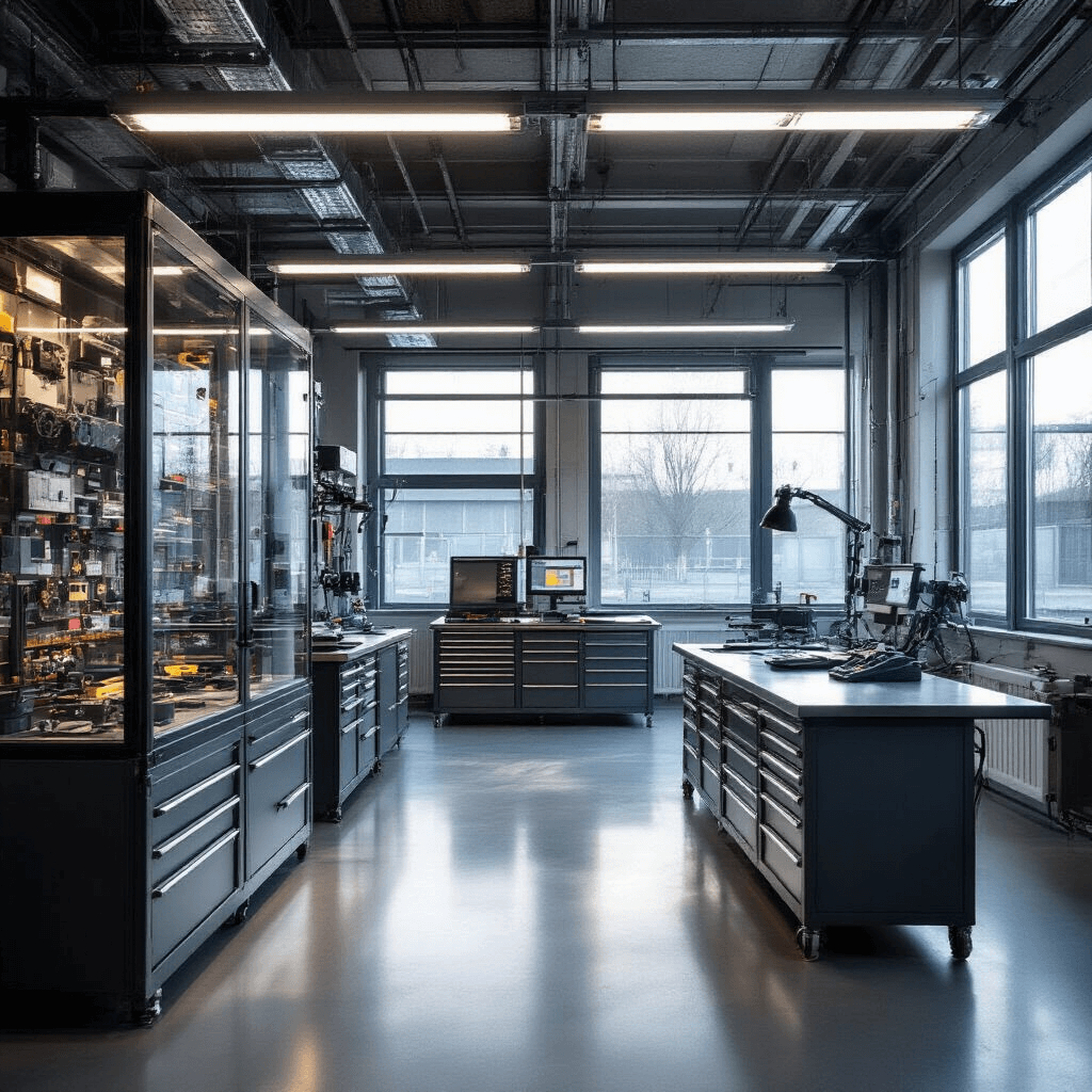 Moderne sleutelwerkplaats met industriële LED-verlichting, roestvrijstalen werkbanken, een geavanceerd diagnostisch apparaat, en glazen vitrines vol transpondersleutels, georganiseerd met gereedschapskasten en precisie-instrumenten, gefotografeerd vanuit een hoog perspectief.