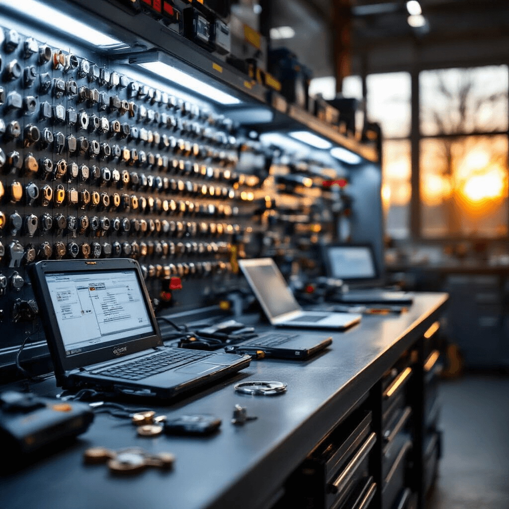 Gespecialiseerde autosleutelwerkbank met programmatuur, laptops, testapparatuur en transponderchips, verlicht door LED-armaturen, met chroomkleurige sleutelprofielen op de achtergrond.