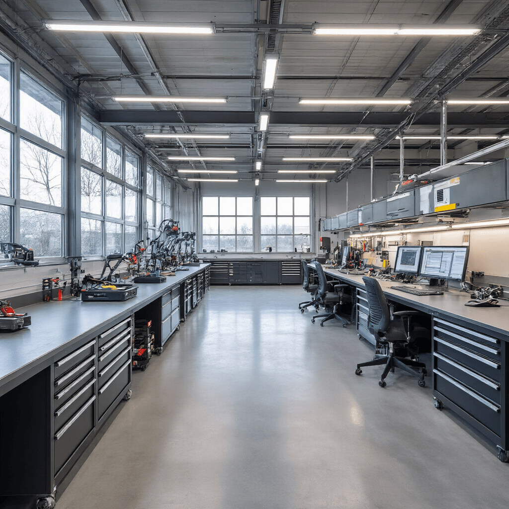 Moderne sleutelservicewerkplaats met L-vormige RVS werkbank, gereedschapskast vol blanco sleutels, diagnostische apparatuur met blauwe displays en een industriële uitstraling.