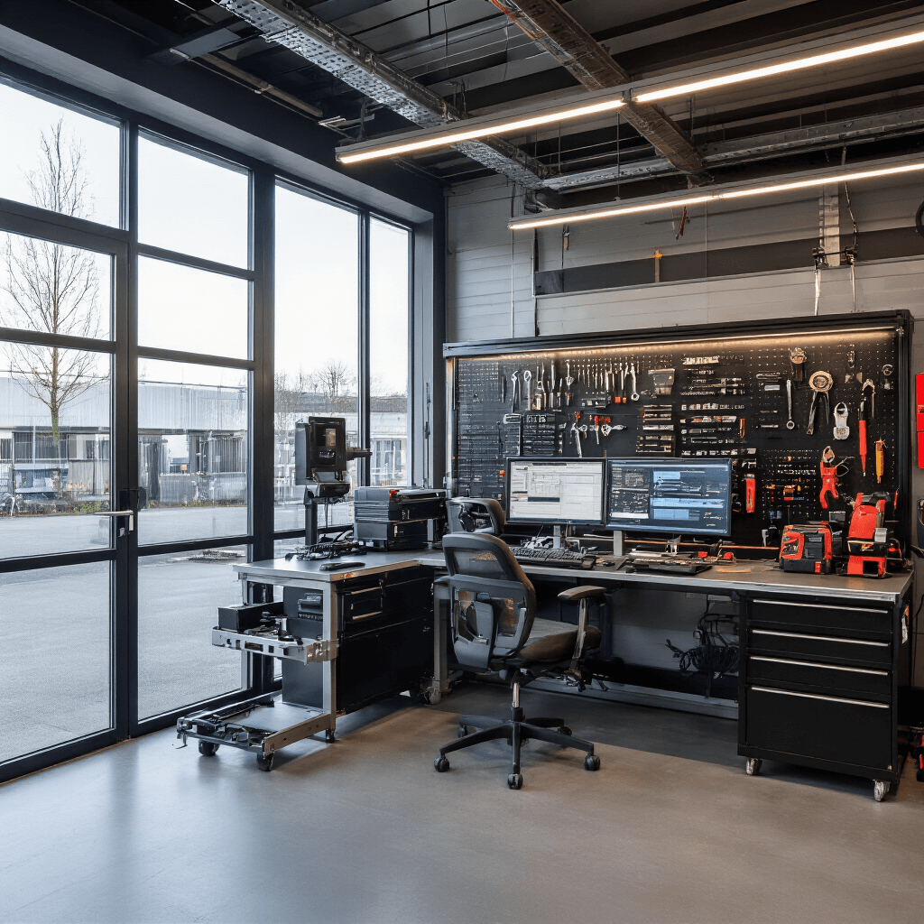 Moderne autosleutelservice werkruimte met industrieel design, voorzien van een hightech programmeerstation en precisiegereedschap, verlicht door ochtendlicht en LED-verlichting, met glazen vitrinekasten en technische handleidingen aan de muren.