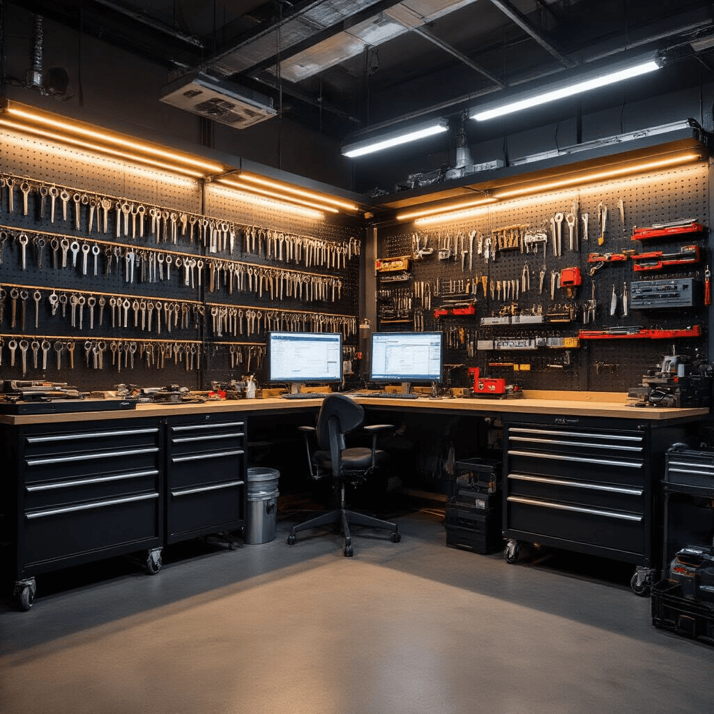 Gespecialiseerde autosleutelwerkplaats met warme avondverlichting, geavanceerde programmeerwerkplek en wandrekken vol sleutelblanco's, tools en elektronische meetapparatuur, alles in een industriële setting met een warm titanium kleurenschema.