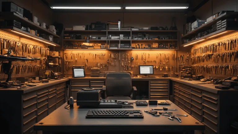 Fotorealistische afbeelding van een gespecialiseerde autosleutelwerkplaats in warm avondlicht, met een hoogtechnologisch programmeerstation, precisiegereedschap en een meester-sleuteldief die bezig is met het programmeren van een moderne autosleutel.