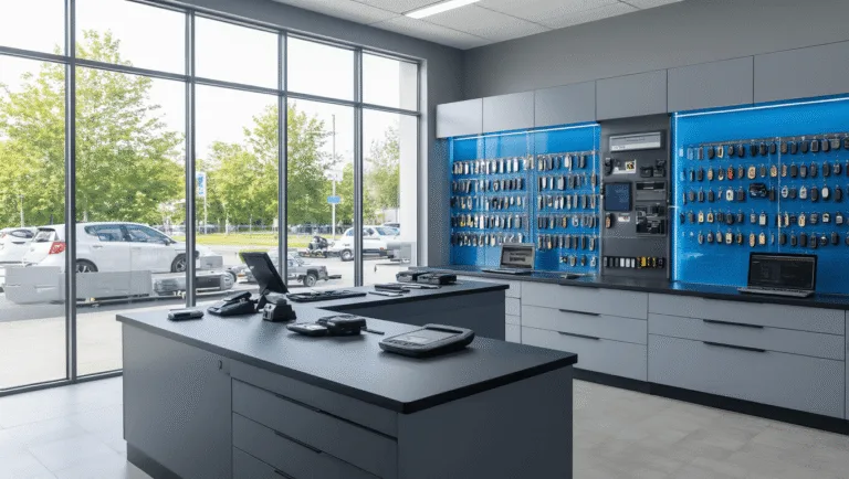 Fotorealistisch beeld van een moderne autosleutelvervangingswerkplaats met een strak L-vormig werkstation, hightech sleutelprogrammeringsmodules, georganiseerde vitrinekasten met sleutelblanks en een geavanceerde sleutelknipmachine, waar een technicus een moderne autosleutelfob programmeert in een sfeervolle omgeving met een kleurenpalet van antraciet, zilver en elektrisch blauw.