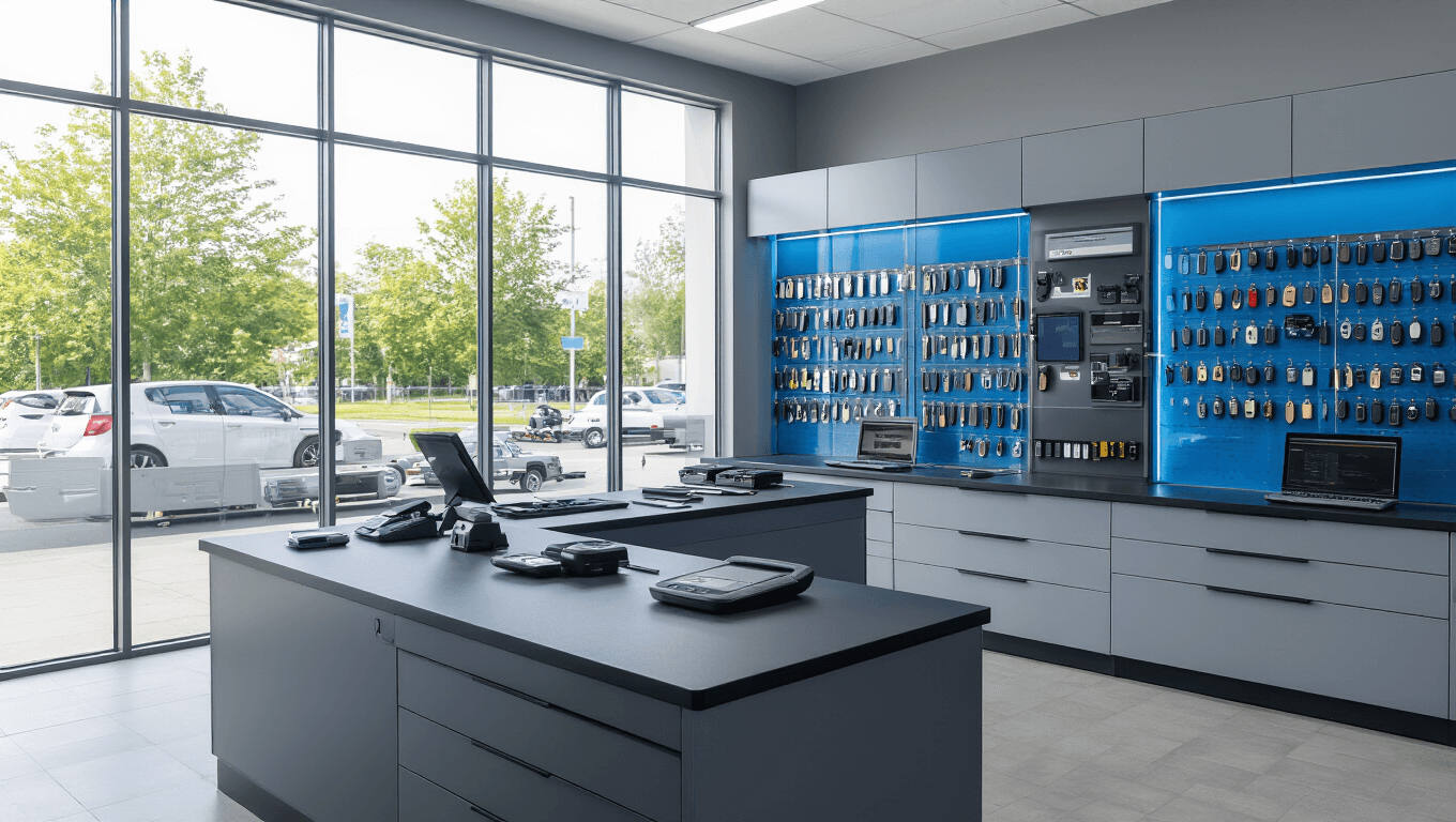 Wat te Doen als Je Autosleutels Kwijt Bent: Een Complete Gids Fotorealistisch beeld van een moderne autosleutelvervangingswerkplaats met een strak L-vormig werkstation, hightech sleutelprogrammeringsmodules, georganiseerde vitrinekasten met sleutelblanks en een geavanceerde sleutelknipmachine, waar een technicus een moderne autosleutelfob programmeert in een sfeervolle omgeving met een kleurenpalet van antraciet, zilver en elektrisch blauw.