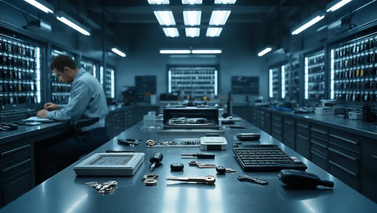 Een modern automotive sleutelvervangingswerkplaats met heldere LED-verlichting, een roestvrijstalen werkbank vol precisiegereedschap, een technicus die geconcentreerd aan een transponder sleutel werkt, glazen vitrines met georganiseerde sleutel fobs, en een achtergond van goed georganiseerde gereedschapskasten en gespecialiseerde apparatuur.