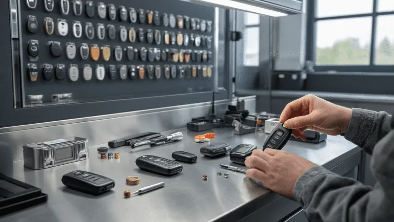 Een modern automotive sleutel reparatie werkplek met een L-vormige roestvrijstalen werkbank, verlicht door natuurlijk licht en LED-spots. Op de bank liggen autosleutelfob's, CR2032-batterijen, precisieschroevendraaiers en een digitaal sleutelprogrammeerapparaat. Dichtbij zijn handen te zien die zorgvuldig een batterij in een sleutelfob vervangen. Op de achtergrond een glazen vitrinekast met verschillende sleutelblanks en fobs, en technische diagrammen aan de muren.