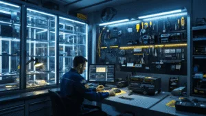 Fotorealistisch beeld van een moderne autosleutelwerkplaats 's nachts, met een specialist in uniform die aan een werkstation een autosleutel kodeert, omgeven door LED-verlichting, glazen tentoonstellingskasten met transponders en een gereedschapswand vol sleutel-snijd- en programmeerapparatuur.