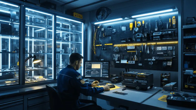 Fotorealistisch beeld van een moderne autosleutelwerkplaats 's nachts, met een specialist in uniform die aan een werkstation een autosleutel kodeert, omgeven door LED-verlichting, glazen tentoonstellingskasten met transponders en een gereedschapswand vol sleutel-snijd- en programmeerapparatuur.