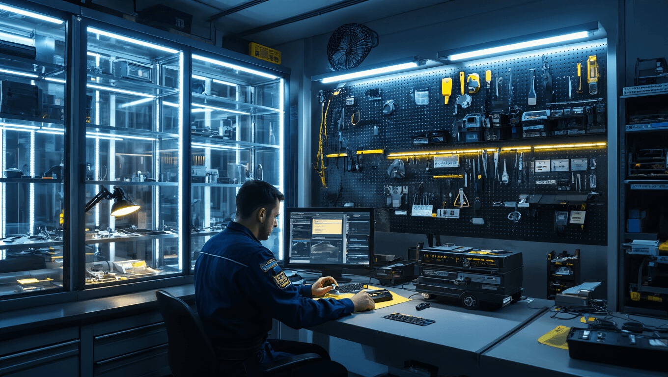 Autosleutel Bijmaken in Voorburg: Snel, Makkelijk en Betaalbaar Fotorealistisch beeld van een moderne autosleutelwerkplaats 's nachts, met een specialist in uniform die aan een werkstation een autosleutel kodeert, omgeven door LED-verlichting, glazen tentoonstellingskasten met transponders en een gereedschapswand vol sleutel-snijd- en programmeerapparatuur.