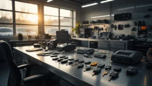 Moderne werkruimte voor autosleutelprogrammering met een L-vormige RVS werkbank, high-tech apparatuur, elegante verlichting, en een georganiseerde verzameling autosleutels en fobs in een uitnodigende omgeving.