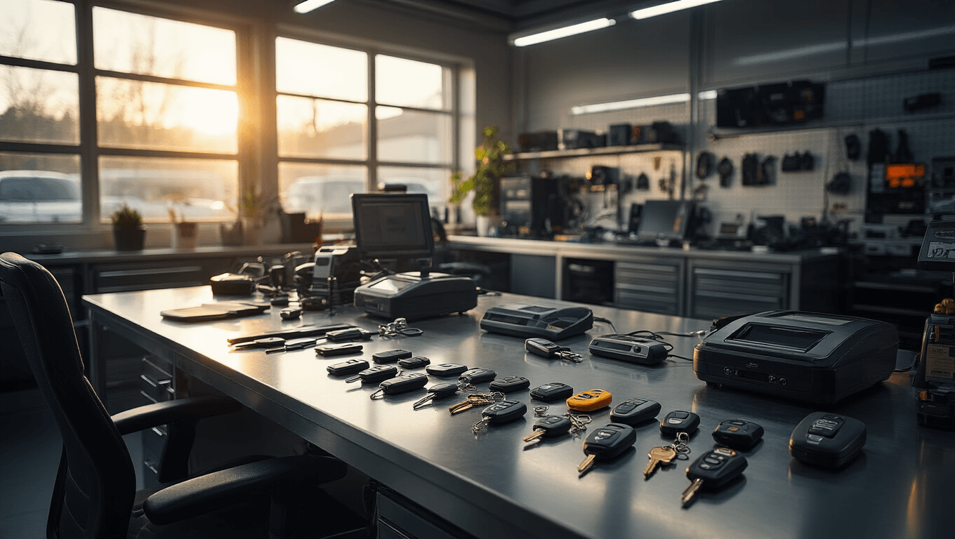 Moderne werkruimte voor autosleutelprogrammering met een L-vormige RVS werkbank, high-tech apparatuur, elegante verlichting, en een georganiseerde verzameling autosleutels en fobs in een uitnodigende omgeving.