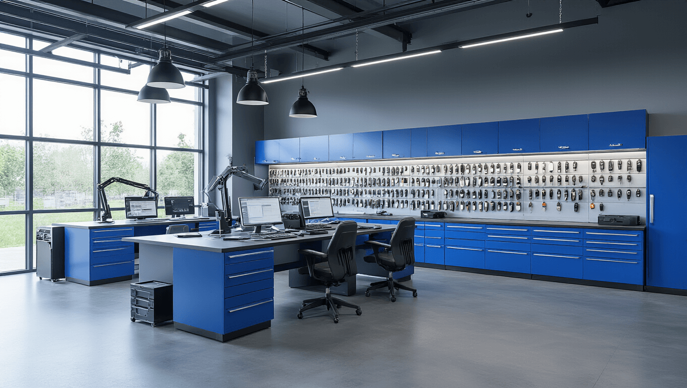 Autosleutel: Alles Wat Je Moet Weten Over Sleutels, Vervanging en Service Fotorealistisch beeld van een moderne autosleutelprogrammeerk workshop met een L-vormige werkbank vol geavanceerde diagnostische apparatuur. Een technicus in uniform programmeert een autosleutel, omringd door een georganiseerd assortiment sleutel- en transponderchips in een professionele, futuristische sfeer van koele blauwtinten en titaniumgrijs.