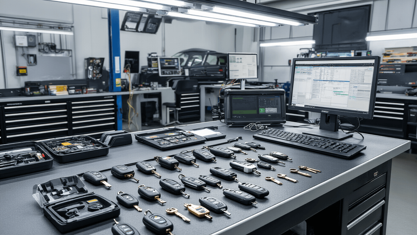 Wat te Doen Als Je Autosleutel Kwijt Bent: Een Praktische Gids Fotorealistische afbeelding van het interieur van een moderne autosleutelwerkplaats, met een goed verlichte werkbank in het voorgrond, een geavanceerde diagnostische computer, een verscheidenheid aan keurig gerangschikte autosleutels en gespecialiseerde programmeertools.