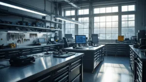 Moderne autosleutelwerkplaats met industriële uitstraling, waarmiddaglicht door grote ramen stroomt, met roestvrijstalen werkbanken en georganiseerde gereedschapskasten.
