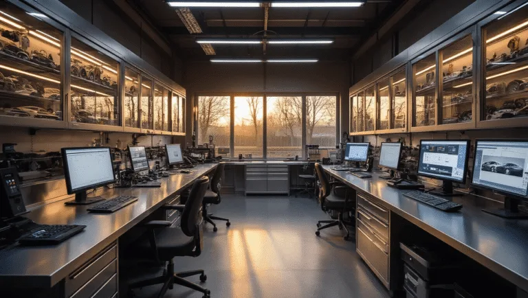 Moderne autosleutelwerkplaats in Den Haag met hoogtechnologische apparatuur en warme verlichting, inclusief een L-vormige roestvrijstalen werkbank, diagnostische computers en een sleutels programmeerstation.
