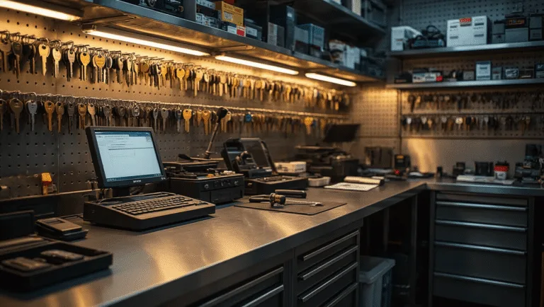 Moderne sleutelservice werkplaats in Rotterdam met roestvrijstalen werkbank, autosleutel programmeerapparatuur, diagnosecomputer en sleutelsnijmachines, omgeven door warme verlichting en een professionele sfeer.