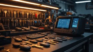 Modern sleutel programmeerstation in een professionele autoslotenwerkplaats, met een georganiseerd zwart composiet werkblad vol sleutels en diagnostische apparatuur, warm verlicht door LED-strips.